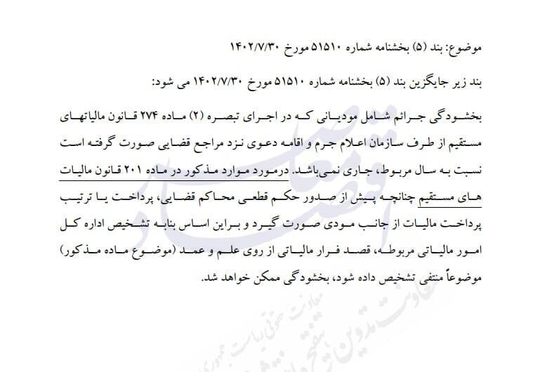 توقف بخشش جریمه مالیاتی مودیان دارای پرونده قضایی