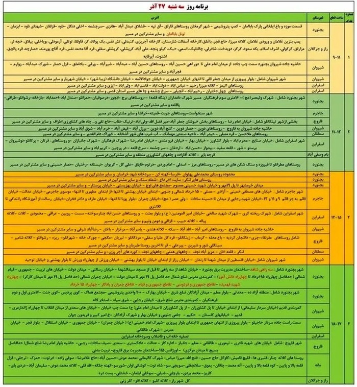 جدول قطعی برق بجنورد