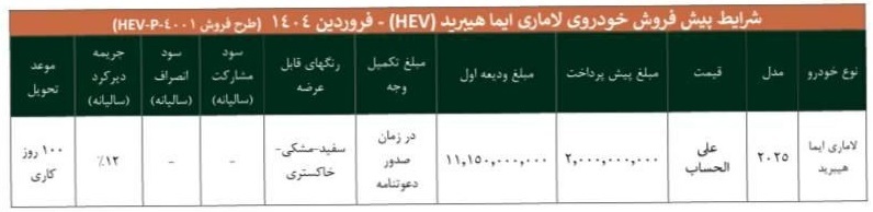 ثبت نام خودرو لاماری هیبرید امروز ۲۶ فروردین ۱۴۰۴+ شرایط + قیمت و لینک