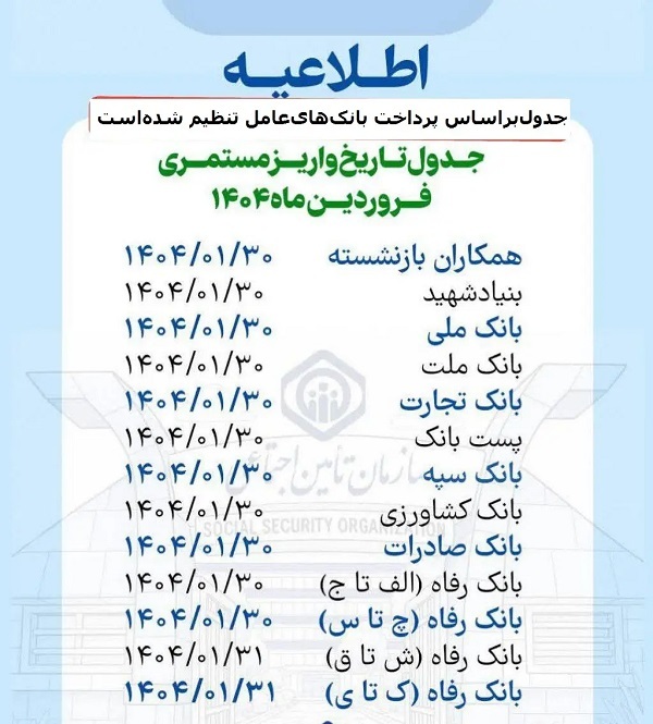 واریز حقوق فروردین بازنشستگان تامین اجتماعی +جدول زمانبندی