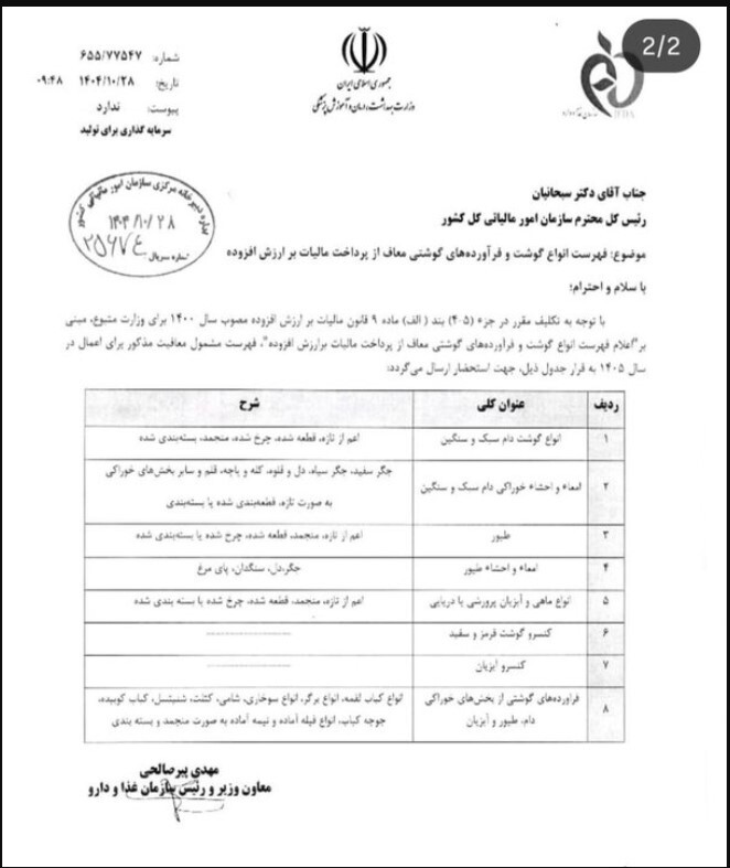 فرآورده‌های گوشتی معاف از مالیات بر ارزش‌افزوده شد