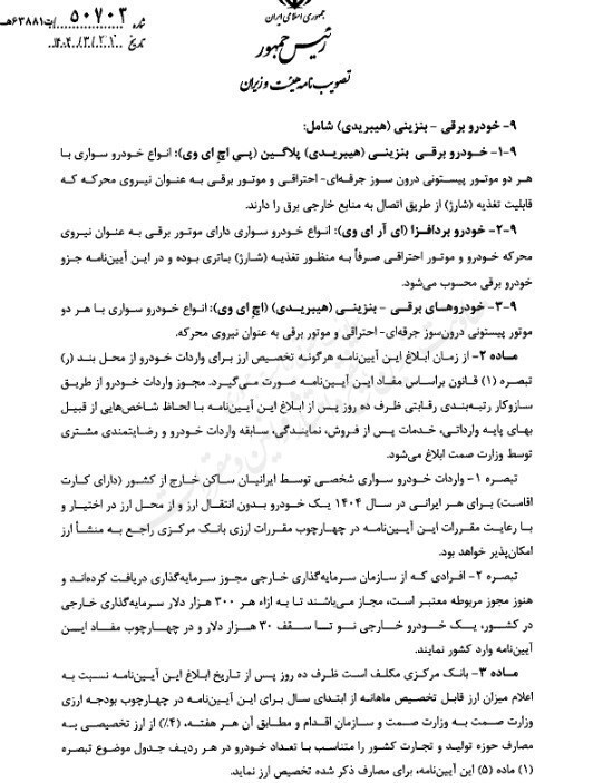 مصوبه واردات خودروهای لوکس با تعرفه ۱۹۰ درصد ابلاغ شد+ متن نامه