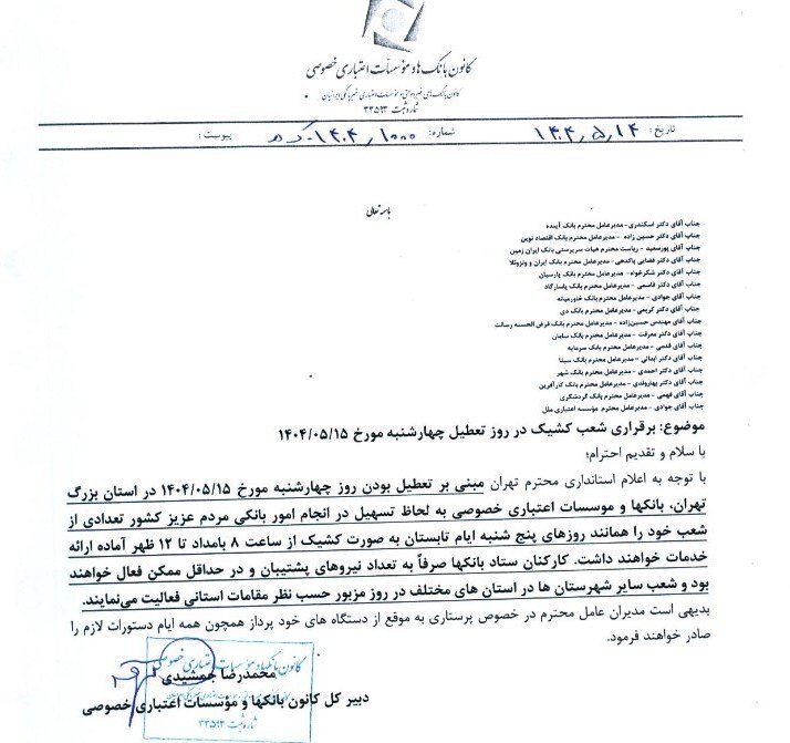 برقراری شعب کشیک بانک های خصوصی چهارشنبه در تهران