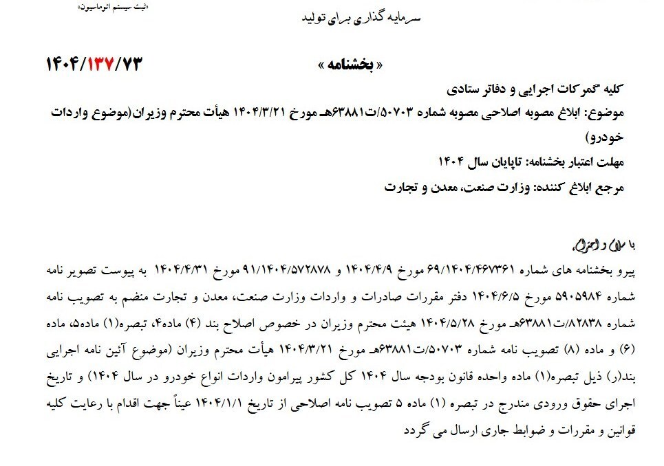 ابلاغ حقوق ۲۰ تا ۱۶۵ درصدی واردات خودرو به گمرکات کشور