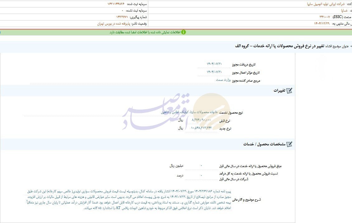 در حال ویرایش ///افزایش رسمی قیمت محصولات سایپا