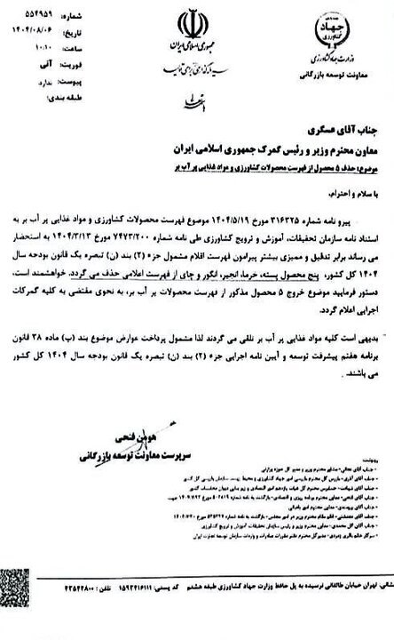 حذف ۵ محصول از فهرست محصولات کشاورزی و مواد غذایی پر آب بر