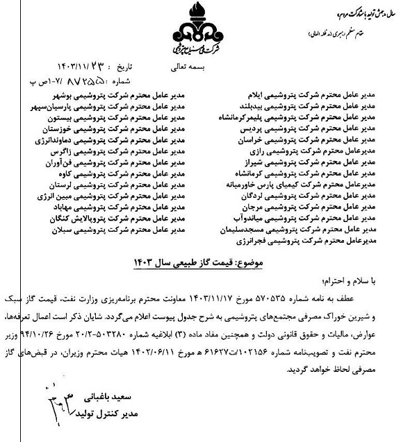 نرخ خوراک گاز پتروشیمی‌ها، فلزی‌ها و سیمانی‌ها برای سال ۱۴۰۴ اعلام شد