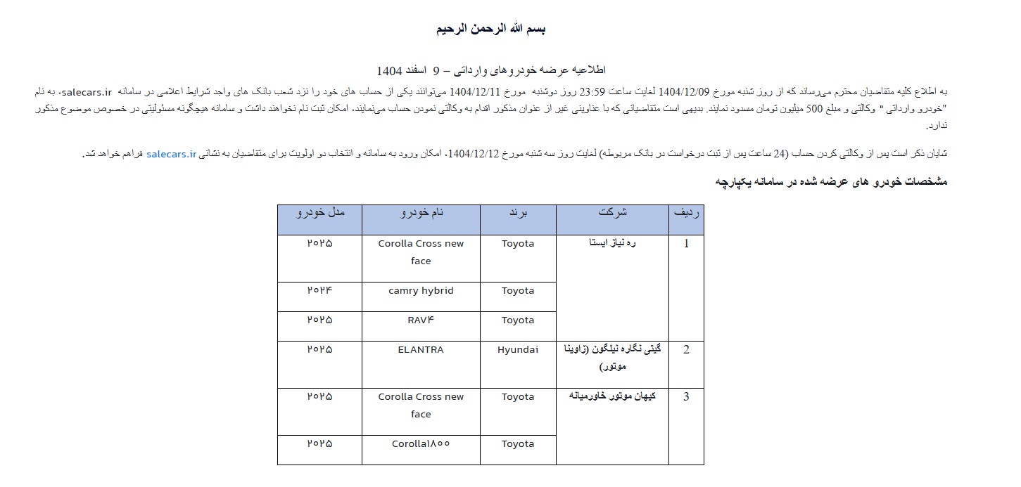 ثبت نام خودروهای وارداتی
